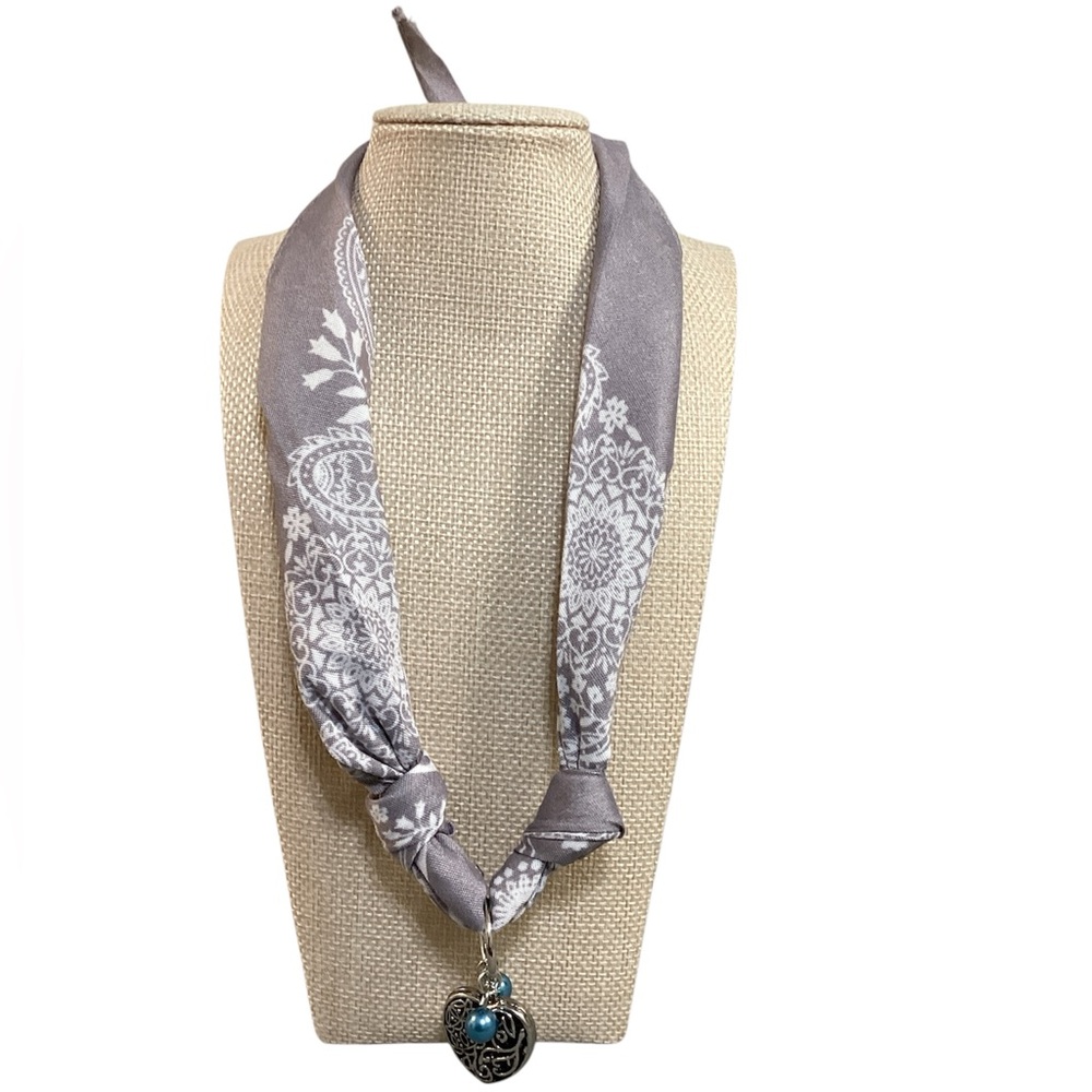 (#156) Gray Paisley Silk-Style Neck Scarf Necklace with Turquoise Heart Charm